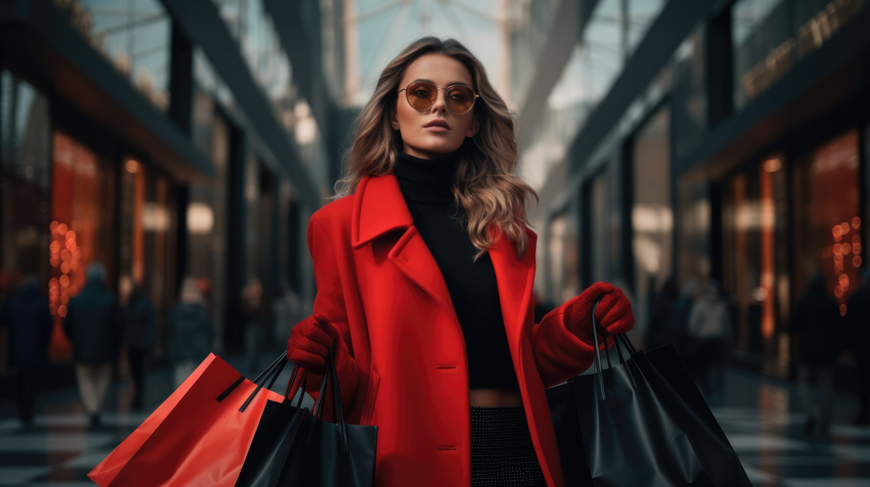 A shopper in a red coat carrying shopping bags in a retail arcade